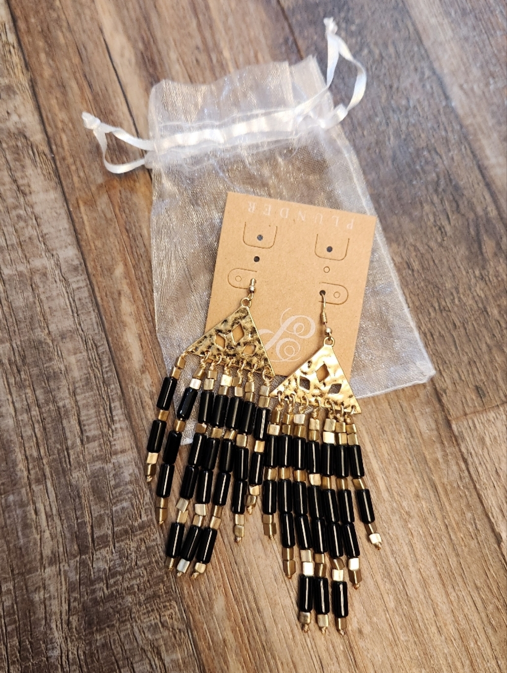 Black And Gold Toned Beaded Tassel Earrings